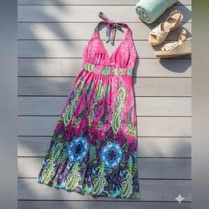 MAYA Womenโs Halter Maxi Dress Pink Paisley Peacock Print Boho Summer Gown